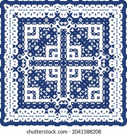 Decorative color ceramic azulejo tiles. Vector seamless pattern watercolor. Modern design. Blue folk ethnic ornament for print, web background, surface texture, towels, pillows, wallpaper.