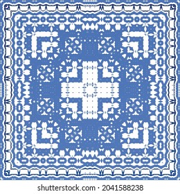 Decorative color ceramic azulejo tiles. Geometric design. Vector seamless pattern frame. Blue folk ethnic ornament for print, web background, surface texture, towels, pillows, wallpaper.