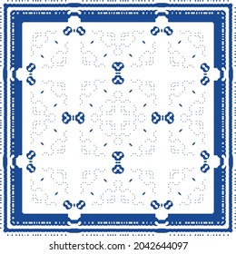 Decorative color ceramic azulejo tiles. Minimal design. Vector seamless pattern illustration. Blue folk ethnic ornament for print, web background, surface texture, towels, pillows, wallpaper.