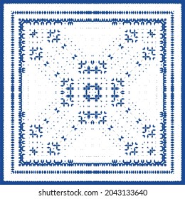 Decorative color ceramic azulejo tiles. Minimal design. Vector seamless pattern illustration. Blue folk ethnic ornament for print, web background, surface texture, towels, pillows, wallpaper.