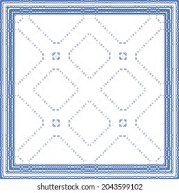 Decorative color ceramic azulejo tiles. Geometric design. Vector seamless pattern frame. Blue folk ethnic ornament for print, web background, surface texture, towels, pillows, wallpaper.