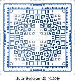 Decorative color ceramic azulejo tiles. Universal design. Vector seamless pattern concept. Blue folk ethnic ornament for print, web background, surface texture, towels, pillows, wallpaper.