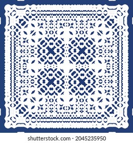 Decorative color ceramic azulejo tiles. Vector seamless pattern watercolor. Modern design. Blue folk ethnic ornament for print, web background, surface texture, towels, pillows, wallpaper.