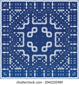 Decorative color ceramic azulejo tiles. Minimal design. Vector seamless pattern elements. Blue folk ethnic ornament for print, web background, surface texture, towels, pillows, wallpaper.