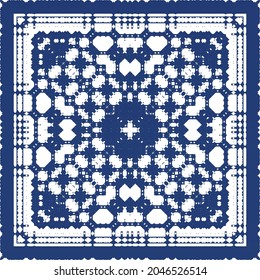 Decorative color ceramic azulejo tiles. Vector seamless pattern concept. Hand drawn design. Blue folk ethnic ornament for print, web background, surface texture, towels, pillows, wallpaper.