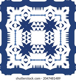 Decorative color ceramic azulejo tiles. Vector seamless pattern watercolor. Modern design. Blue folk ethnic ornament for print, web background, surface texture, towels, pillows, wallpaper.