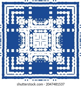 Decorative color ceramic azulejo tiles. Minimal design. Vector seamless pattern illustration. Blue folk ethnic ornament for print, web background, surface texture, towels, pillows, wallpaper.