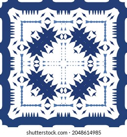Decorative color ceramic azulejo tiles. Vector seamless pattern watercolor. Modern design. Blue folk ethnic ornament for print, web background, surface texture, towels, pillows, wallpaper.