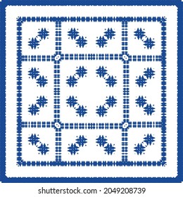 Decorative color ceramic azulejo tiles. Minimal design. Vector seamless pattern illustration. Blue folk ethnic ornament for print, web background, surface texture, towels, pillows, wallpaper.