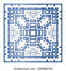 Decorative color ceramic azulejo tiles. Universal design. Vector seamless pattern concept. Blue folk ethnic ornament for print, web background, surface texture, towels, pillows, wallpaper.