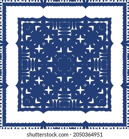 Decorative color ceramic azulejo tiles. Vector seamless pattern arabesque. Kitchen design. Blue folk ethnic ornament for print, web background, surface texture, towels, pillows, wallpaper.