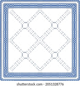 Decorative color ceramic azulejo tiles. Geometric design. Vector seamless pattern frame. Blue folk ethnic ornament for print, web background, surface texture, towels, pillows, wallpaper.
