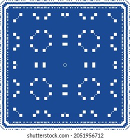 Decorative color ceramic azulejo tiles. Minimal design. Vector seamless pattern illustration. Blue folk ethnic ornament for print, web background, surface texture, towels, pillows, wallpaper.