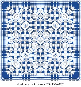 Decorative color ceramic azulejo tiles. Minimal design. Vector seamless pattern illustration. Blue folk ethnic ornament for print, web background, surface texture, towels, pillows, wallpaper.