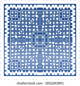 Decorative color ceramic azulejo tiles. Universal design. Vector seamless pattern concept. Blue folk ethnic ornament for print, web background, surface texture, towels, pillows, wallpaper.
