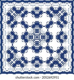 Decorative color ceramic azulejo tiles. Vector seamless pattern watercolor. Modern design. Blue folk ethnic ornament for print, web background, surface texture, towels, pillows, wallpaper.