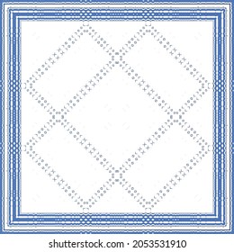 Decorative color ceramic azulejo tiles. Geometric design. Vector seamless pattern frame. Blue folk ethnic ornament for print, web background, surface texture, towels, pillows, wallpaper.