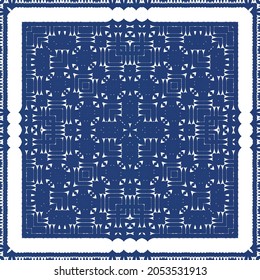 Decorative color ceramic azulejo tiles. Vector seamless pattern arabesque. Kitchen design. Blue folk ethnic ornament for print, web background, surface texture, towels, pillows, wallpaper.