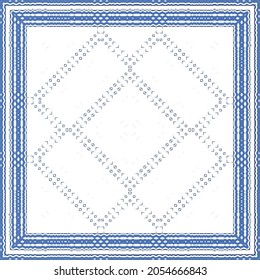 Decorative color ceramic azulejo tiles. Geometric design. Vector seamless pattern frame. Blue folk ethnic ornament for print, web background, surface texture, towels, pillows, wallpaper.