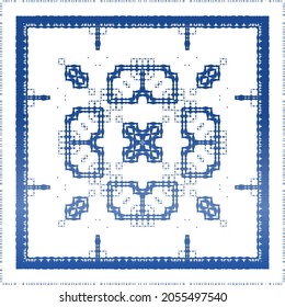 Decorative color ceramic azulejo tiles. Universal design. Vector seamless pattern concept. Blue folk ethnic ornament for print, web background, surface texture, towels, pillows, wallpaper.