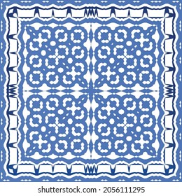 Decorative color ceramic azulejo tiles. Geometric design. Vector seamless pattern frame. Blue folk ethnic ornament for print, web background, surface texture, towels, pillows, wallpaper.