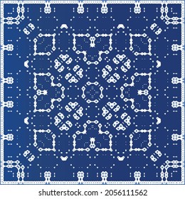 Decorative color ceramic azulejo tiles. Minimal design. Vector seamless pattern elements. Blue folk ethnic ornament for print, web background, surface texture, towels, pillows, wallpaper.