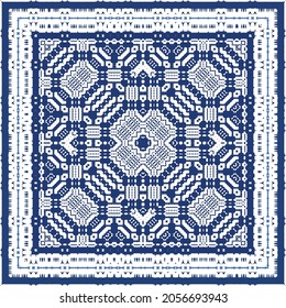 Decorative color ceramic azulejo tiles. Vector seamless pattern watercolor. Modern design. Blue folk ethnic ornament for print, web background, surface texture, towels, pillows, wallpaper.