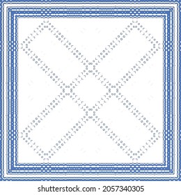 Decorative color ceramic azulejo tiles. Geometric design. Vector seamless pattern frame. Blue folk ethnic ornament for print, web background, surface texture, towels, pillows, wallpaper.