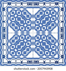 Decorative color ceramic azulejo tiles. Geometric design. Vector seamless pattern frame. Blue folk ethnic ornament for print, web background, surface texture, towels, pillows, wallpaper.