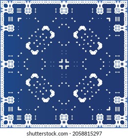 Decorative color ceramic azulejo tiles. Minimal design. Vector seamless pattern elements. Blue folk ethnic ornament for print, web background, surface texture, towels, pillows, wallpaper.