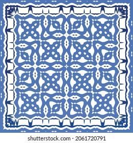 Decorative color ceramic azulejo tiles. Geometric design. Vector seamless pattern frame. Blue folk ethnic ornament for print, web background, surface texture, towels, pillows, wallpaper.