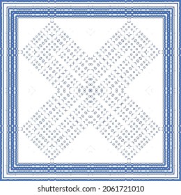 Decorative color ceramic azulejo tiles. Geometric design. Vector seamless pattern frame. Blue folk ethnic ornament for print, web background, surface texture, towels, pillows, wallpaper.