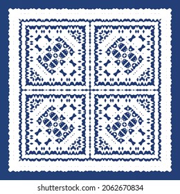 Decorative color ceramic azulejo tiles. Vector seamless pattern watercolor. Modern design. Blue folk ethnic ornament for print, web background, surface texture, towels, pillows, wallpaper.