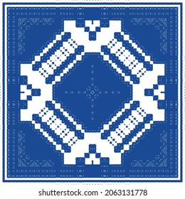 Decorative color ceramic azulejo tiles. Minimal design. Vector seamless pattern illustration. Blue folk ethnic ornament for print, web background, surface texture, towels, pillows, wallpaper.