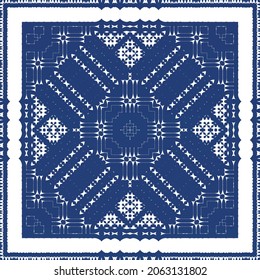 Decorative color ceramic azulejo tiles. Vector seamless pattern arabesque. Kitchen design. Blue folk ethnic ornament for print, web background, surface texture, towels, pillows, wallpaper.