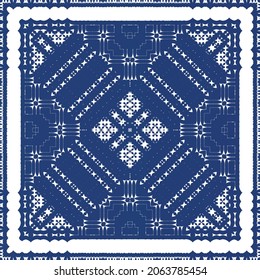 Decorative color ceramic azulejo tiles. Vector seamless pattern arabesque. Kitchen design. Blue folk ethnic ornament for print, web background, surface texture, towels, pillows, wallpaper.