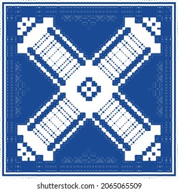 Decorative color ceramic azulejo tiles. Minimal design. Vector seamless pattern illustration. Blue folk ethnic ornament for print, web background, surface texture, towels, pillows, wallpaper.