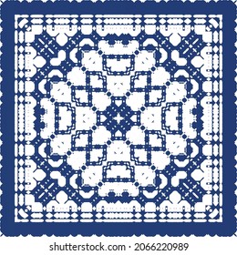 Decorative color ceramic azulejo tiles. Vector seamless pattern concept. Hand drawn design. Blue folk ethnic ornament for print, web background, surface texture, towels, pillows, wallpaper.