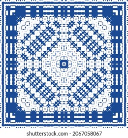 Decorative color ceramic azulejo tiles. Minimal design. Vector seamless pattern illustration. Blue folk ethnic ornament for print, web background, surface texture, towels, pillows, wallpaper.