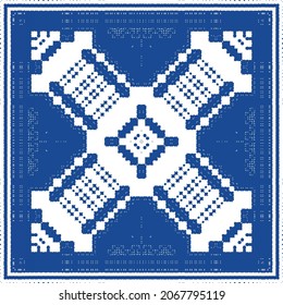 Decorative color ceramic azulejo tiles. Minimal design. Vector seamless pattern illustration. Blue folk ethnic ornament for print, web background, surface texture, towels, pillows, wallpaper.