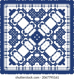 Decorative color ceramic azulejo tiles. Vector seamless pattern concept. Hand drawn design. Blue folk ethnic ornament for print, web background, surface texture, towels, pillows, wallpaper.