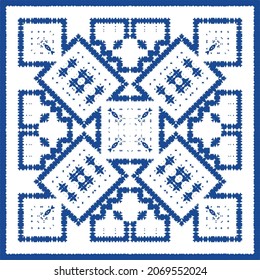 Decorative color ceramic azulejo tiles. Minimal design. Vector seamless pattern illustration. Blue folk ethnic ornament for print, web background, surface texture, towels, pillows, wallpaper.