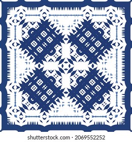 Decorative color ceramic azulejo tiles. Vector seamless pattern watercolor. Modern design. Blue folk ethnic ornament for print, web background, surface texture, towels, pillows, wallpaper.