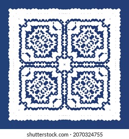 Decorative color ceramic azulejo tiles. Vector seamless pattern watercolor. Modern design. Blue folk ethnic ornament for print, web background, surface texture, towels, pillows, wallpaper.