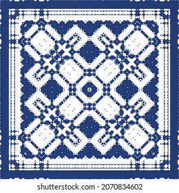 Decorative color ceramic azulejo tiles. Vector seamless pattern concept. Hand drawn design. Blue folk ethnic ornament for print, web background, surface texture, towels, pillows, wallpaper.