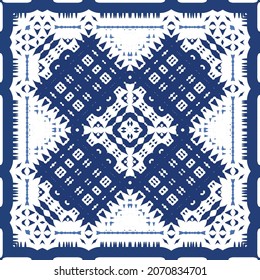 Decorative color ceramic azulejo tiles. Vector seamless pattern watercolor. Modern design. Blue folk ethnic ornament for print, web background, surface texture, towels, pillows, wallpaper.