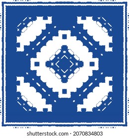 Decorative color ceramic azulejo tiles. Minimal design. Vector seamless pattern illustration. Blue folk ethnic ornament for print, web background, surface texture, towels, pillows, wallpaper.