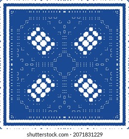 Decorative color ceramic azulejo tiles. Minimal design. Vector seamless pattern illustration. Blue folk ethnic ornament for print, web background, surface texture, towels, pillows, wallpaper.