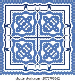 Decorative color ceramic azulejo tiles. Geometric design. Vector seamless pattern frame. Blue folk ethnic ornament for print, web background, surface texture, towels, pillows, wallpaper.