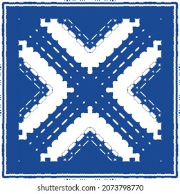 Decorative color ceramic azulejo tiles. Minimal design. Vector seamless pattern illustration. Blue folk ethnic ornament for print, web background, surface texture, towels, pillows, wallpaper.